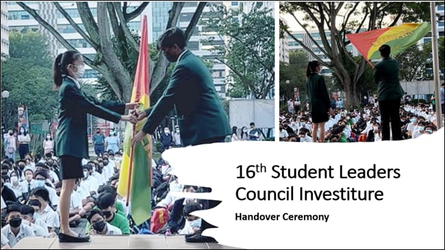 Two students in green blazers exchange a colorful flag during the 16th Student Leaders Council Investiture Handover Ceremony.